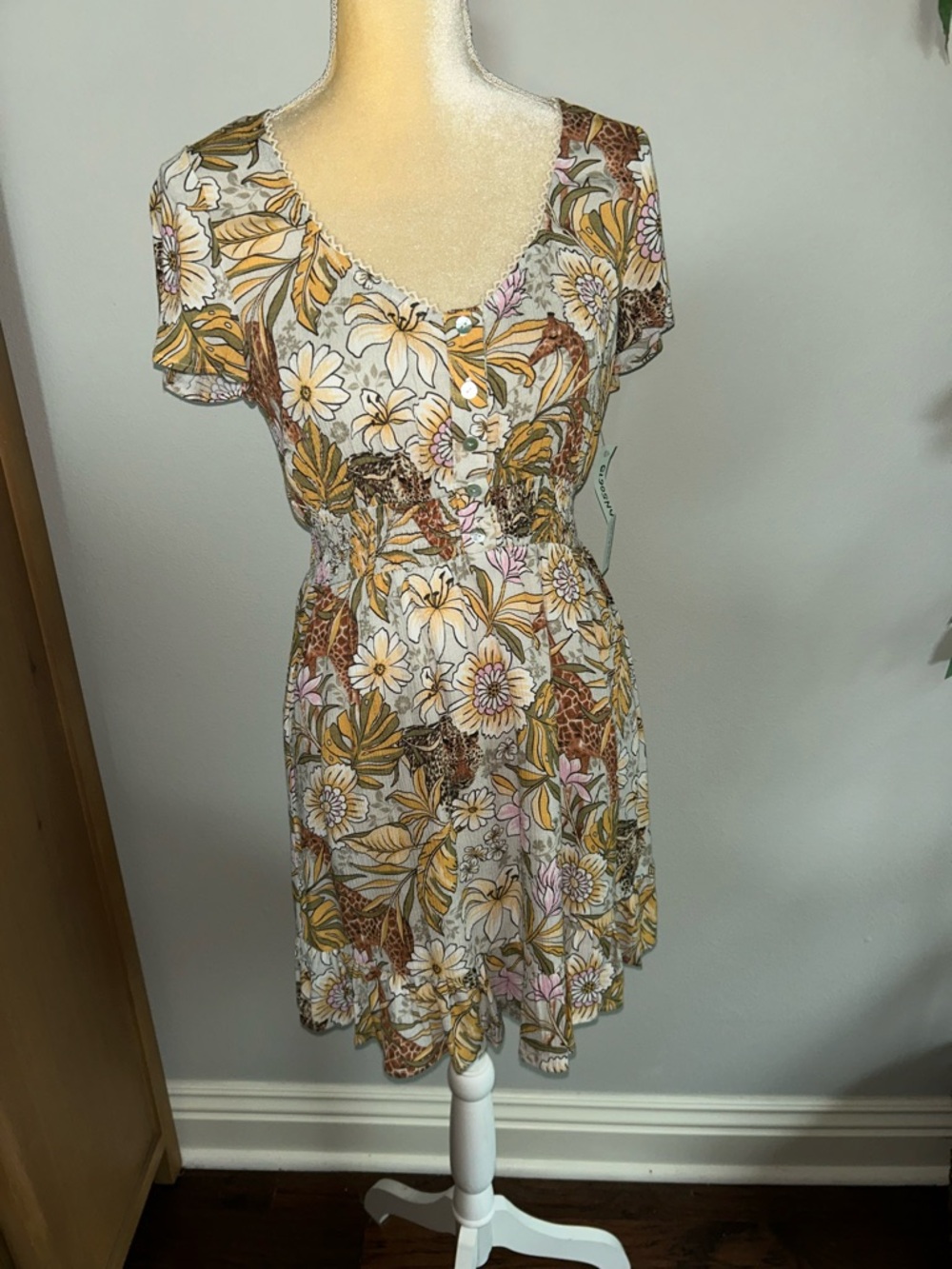 NWT Basil & Lola Floral Short Sleeve V-Neck Dress - Yellow Multi Safari Sz S